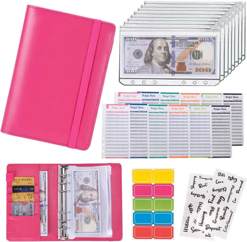 NICOOTHBudget Binder Cash Envelopes A6 Money Saving Binder with Zipper envelopes (A6 Rose red) - Image 1